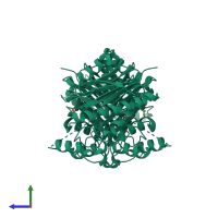 Homo dimeric assembly 1 of PDB entry 4osy coloured by chemically distinct molecules, side view.