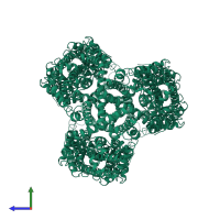 Homo hexameric assembly 2 of PDB entry 4oye coloured by chemically distinct molecules, side view.