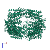 Homo hexameric assembly 2 of PDB entry 4oye coloured by chemically distinct molecules, top view.