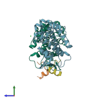 PDB entry 4oyk coloured by chain, side view.