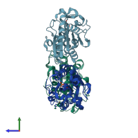 PDB entry 4oyl coloured by chain, side view.