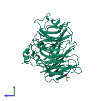 PDB entry 4ozu coloured by chain, side view.