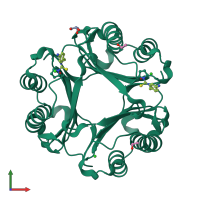 Homo trimeric assembly 1 of PDB entry 4p01 coloured by chemically distinct molecules, front view.