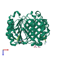 Homo trimeric assembly 1 of PDB entry 4p01 coloured by chemically distinct molecules, top view.