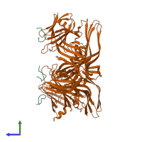 Hetero hexameric assembly 3 of PDB entry 4p5h coloured by chemically distinct molecules, side view.