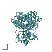 PDB entry 4p9f coloured by chain, side view.