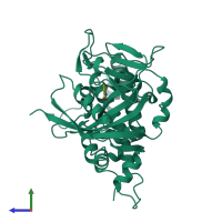 PDB entry 4pax coloured by chain, side view.