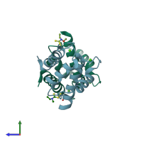 PDB entry 4pe1 coloured by chain, side view.