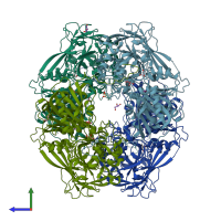 PDB entry 4pf1 coloured by chain, side view.