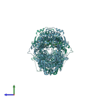 PDB entry 4pf9 coloured by chain, side view.
