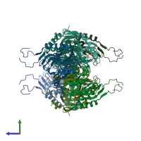 PDB entry 4pfq coloured by chain, side view.