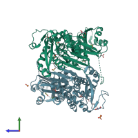 PDB entry 4pg8 coloured by chain, side view.