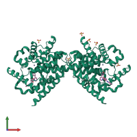 Homo dimeric assembly 1 of PDB entry 4phw coloured by chemically distinct molecules, front view.