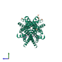 Homo dimeric assembly 1 of PDB entry 4phw coloured by chemically distinct molecules, side view.