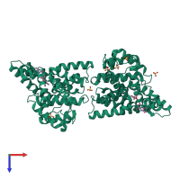 Homo dimeric assembly 1 of PDB entry 4phw coloured by chemically distinct molecules, top view.