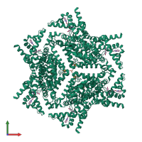 Homo hexameric assembly 2 of PDB entry 4phw coloured by chemically distinct molecules, front view.