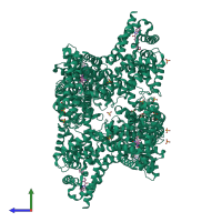 Homo hexameric assembly 2 of PDB entry 4phw coloured by chemically distinct molecules, side view.
