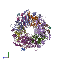 PDB entry 4pi2 coloured by chain, side view.