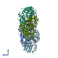 PDB entry 4pip coloured by chain, side view.