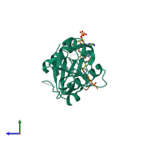 PDB entry 4pk3 coloured by chain, side view.