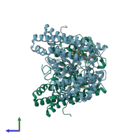 PDB entry 4pk5 coloured by chain, side view.