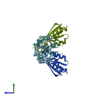 PDB entry 4pok coloured by chain, side view.