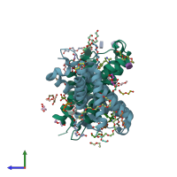 PDB entry 4pop coloured by chain, side view.