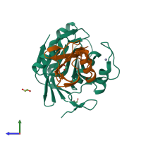 PDB entry 4pqt coloured by chain, side view.