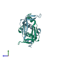 PDB entry 4pt4 coloured by chain, side view.