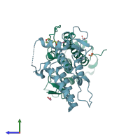PDB entry 4ptb coloured by chain, side view.