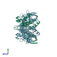 PDB entry 4ptg coloured by chain, side view.