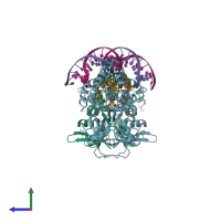 PDB entry 4pu3 coloured by chain, side view.