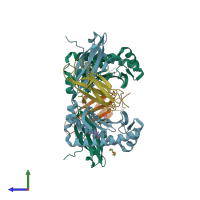PDB entry 4pv8 coloured by chain, side view.
