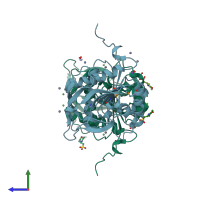 PDB entry 4pxy coloured by chain, side view.
