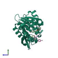 PDB entry 4pyl coloured by chain, side view.
