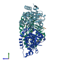 PDB entry 4q1h coloured by chain, side view.