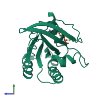 Monomeric assembly 1 of PDB entry 4q21 coloured by chemically distinct molecules, side view.