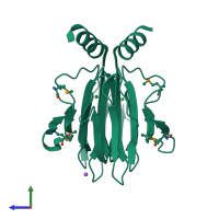 Homo dimeric assembly 1 of PDB entry 4q29 coloured by chemically distinct molecules, side view.