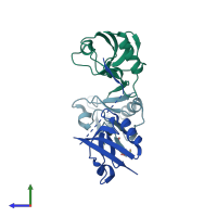 PDB entry 4q2p coloured by chain, side view.