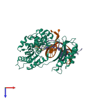 Hetero trimeric assembly 1 of PDB entry 4q43 coloured by chemically distinct molecules, top view.