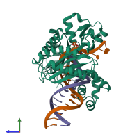 Hetero trimeric assembly 2 of PDB entry 4q43 coloured by chemically distinct molecules, side view.