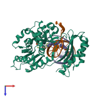 Hetero trimeric assembly 2 of PDB entry 4q43 coloured by chemically distinct molecules, top view.