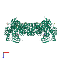 Homo dimeric assembly 1 of PDB entry 4q4q coloured by chemically distinct molecules, top view.