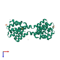 Homo dimeric assembly 1 of PDB entry 4q96 coloured by chemically distinct molecules, top view.