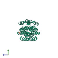 Homo dimeric assembly 2 of PDB entry 4q96 coloured by chemically distinct molecules, side view.
