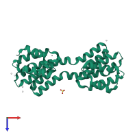 Homo dimeric assembly 2 of PDB entry 4q96 coloured by chemically distinct molecules, top view.