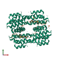 Hetero hexameric assembly 3 of PDB entry 4q96 coloured by chemically distinct molecules, front view.