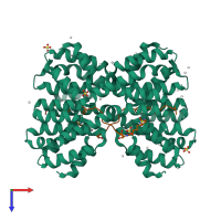 Hetero hexameric assembly 3 of PDB entry 4q96 coloured by chemically distinct molecules, top view.