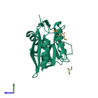 Monomeric assembly 1 of PDB entry 4qak coloured by chemically distinct molecules, side view.