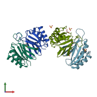 PDB entry 4qb5 coloured by chain, front view.